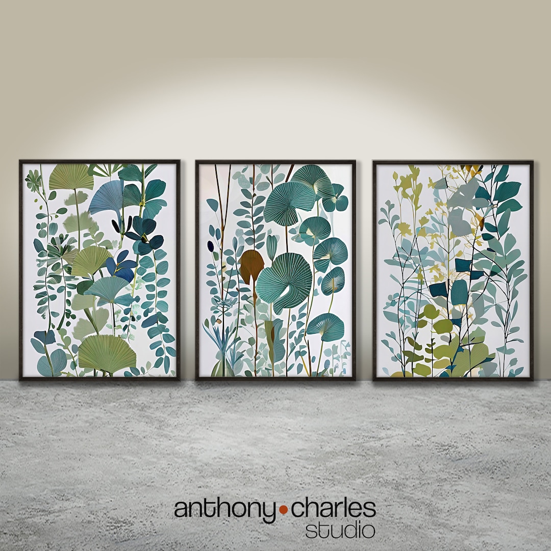 Abstract Blue-green Botanical Printable Wall Art, Set of 3 Prints ...