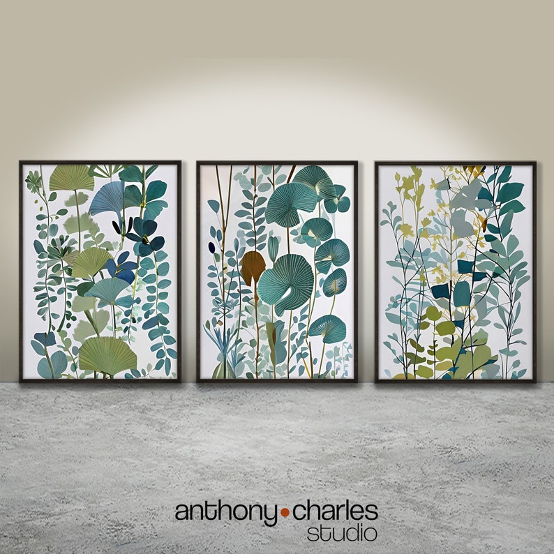 Abstract Blue-green Botanical Printable Wall Art, Set of 3 Prints ...