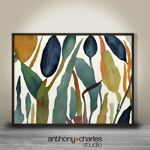 Abstract contemporary blue-green leaves printable art, leaves, modern wall art, horizontal wall art, watercolor leaves, digital download
