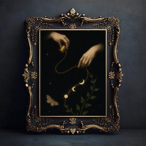 Faden des Schicksals, Mystische Gothic Art Print, Witchcore, Dark Academia Wanddeko