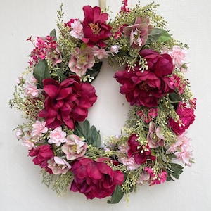 Burgundy Peony and Blush Floral Wreath – Romantic Summer Front Door Decor – Faux Flower Wreath with Hydrangeas – Year-Round Wreath