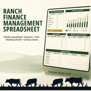 May include: A Ranch Finance Management Spreadsheet digital template featuring sections for yearly expense tracking, expenses vs profits charts, feed records, breeding and health records, and grazing rotation, with the text Formulas already made.