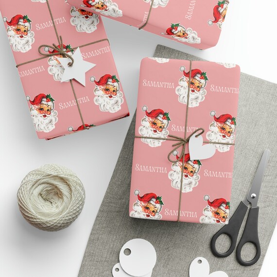 Personalized pink vintage Santa Wrapping Paper. Holiday gift wrap sold by  ChaZhan, SKU 38594749