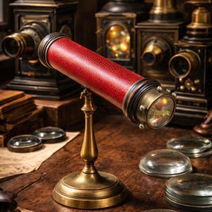 Op de afbeelding: Een antieke telescoop met een rode leren behuizing en een messing standaard, tentoongesteld op een houten tafel naast oude lantaarns en vergrootglazen. De telescoop, met zijn gedetailleerde lens, is een blikvanger en suggereert historische verkenning en wetenschappelijke instrumenten.