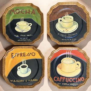 Vintage Marco Fabiano-koffiebordenset – handgeschilderd Italiaans bistromuurdecor
