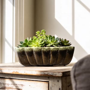 Vintage Grüne Tropfen Glasur Pflanzgefäß | Rumpf Keramik | MCM Rechteckiger Sukkulenten Übertopf | MCM Grün Übertopf | Mid Century Modern Dekor