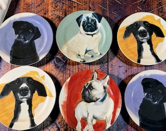 Zestaw 6 talerzy deserowych z buldogiem francuskim Sally Muir „Dog-a-Day” Anthropologie, fantazyjna zastawa stołowa dla zwierząt, cottagecore, talerze w stylu wiejskim