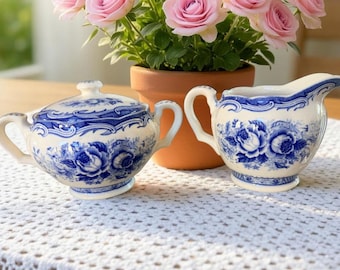 Vintage Kasuga Ware Creamer and Sugar Bowl, Blue Floral Tea Set