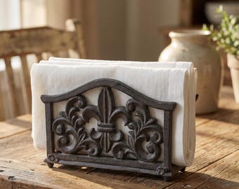 Portatovaglioli vintage in ghisa con giglio, organizer per posta rustico in stile francese, decorazione da tavolo in stile fattoria, accessorio antico per cucina e sala da pranzo