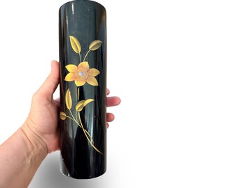 Vintage Wajima-nuri Lacquerware Vase | Black Gold Maki-e Ikebana