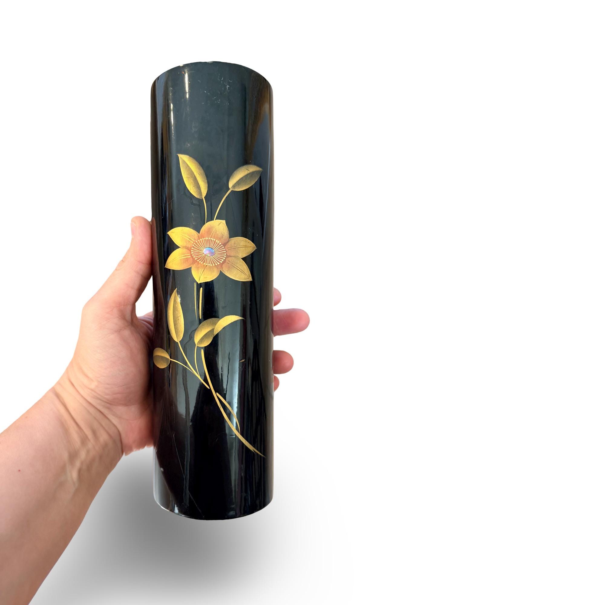 Vintage Wajima-nuri Lacquerware Vase | Black Gold Maki-e Ikebana