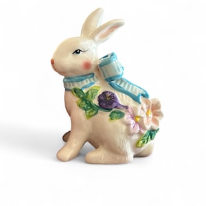 Cute vintage bunny rabbit figurine with flowers and blue big ribbon bow , ceramic rabbit Easter statue