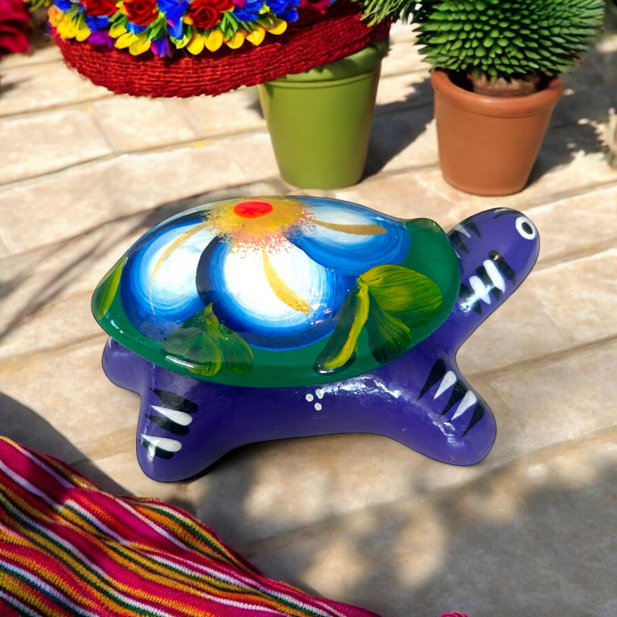 Terracotta Pottery Mexico Handpainted Flowers Turtle Trinkets Box