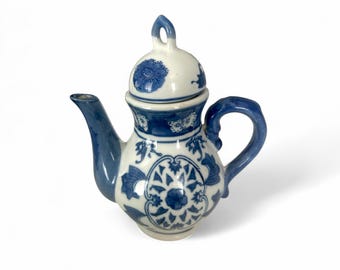 Vintage Asian Blue and White Ceramic Teapot, Hand Painted