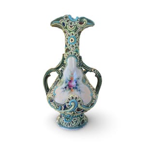 Antique Nippon Moriage Vase – Hand-Painted Japanese Porcelain, Green & Blue Floral, Double Handle, 11”