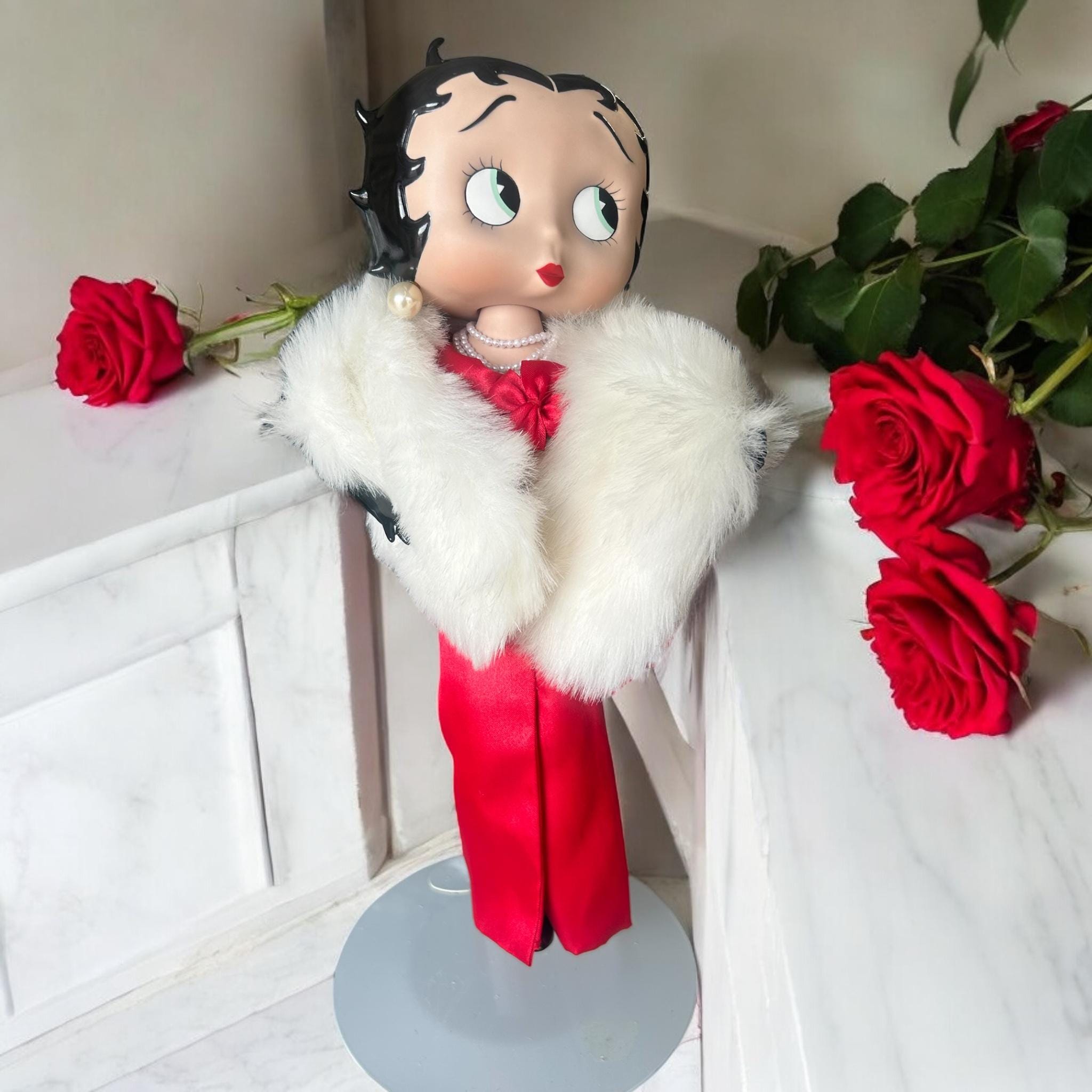 Vintage Betty Boop Porcelain Doll in Long Red Dress and White Fur