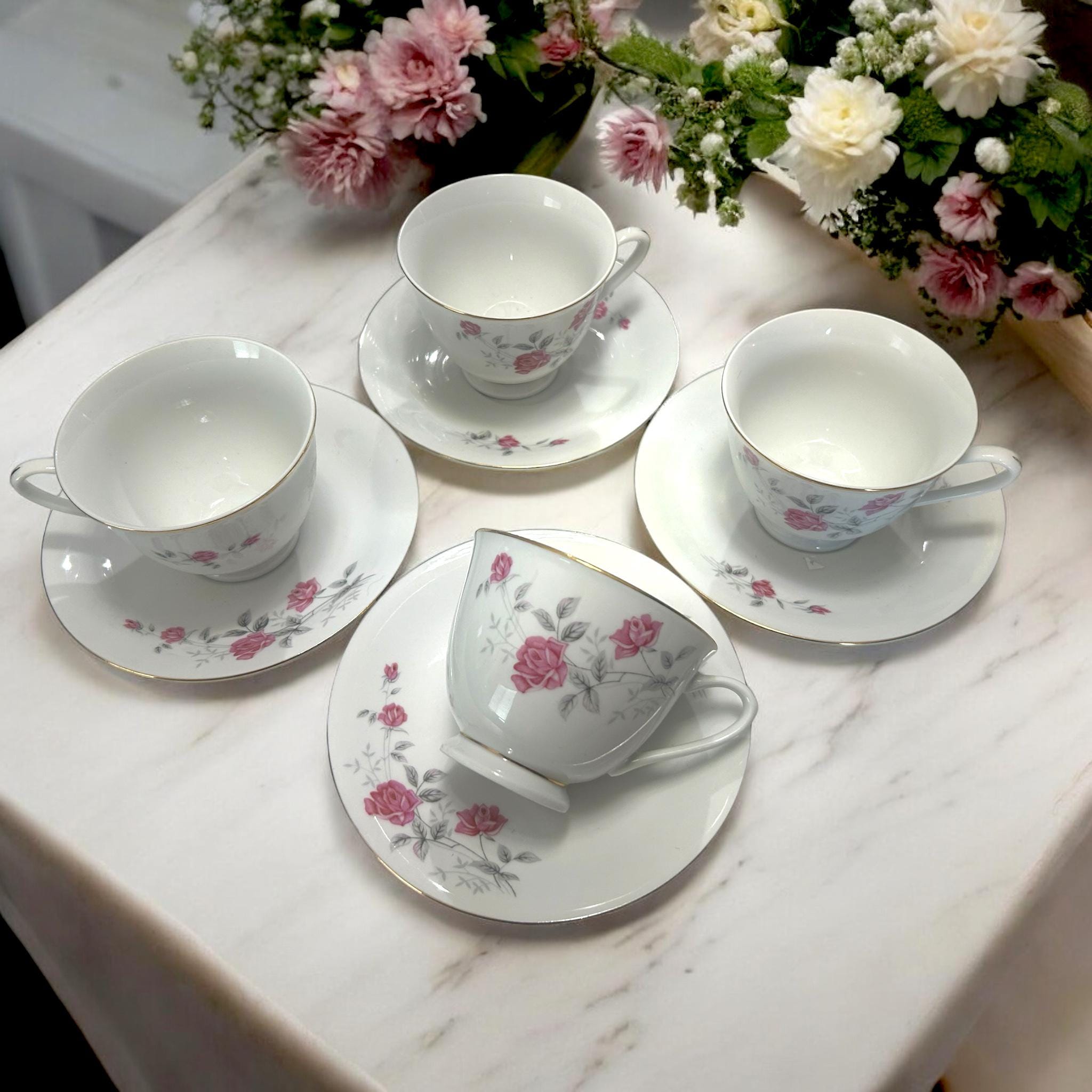 Set of 4 Vintage China Tea and Saucer Set, Red and Pink
