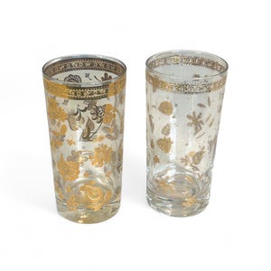 Lot (2) Vintage Culver Chantilly Mid Century Gold Highball Glasses- old gold cocktail long glasses, retro or Hollywood glam bar decor,