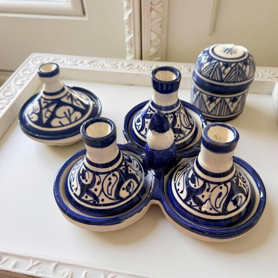 Hand Painted Moroccan Ceramic Condiment Set Blue White Mini Tagine