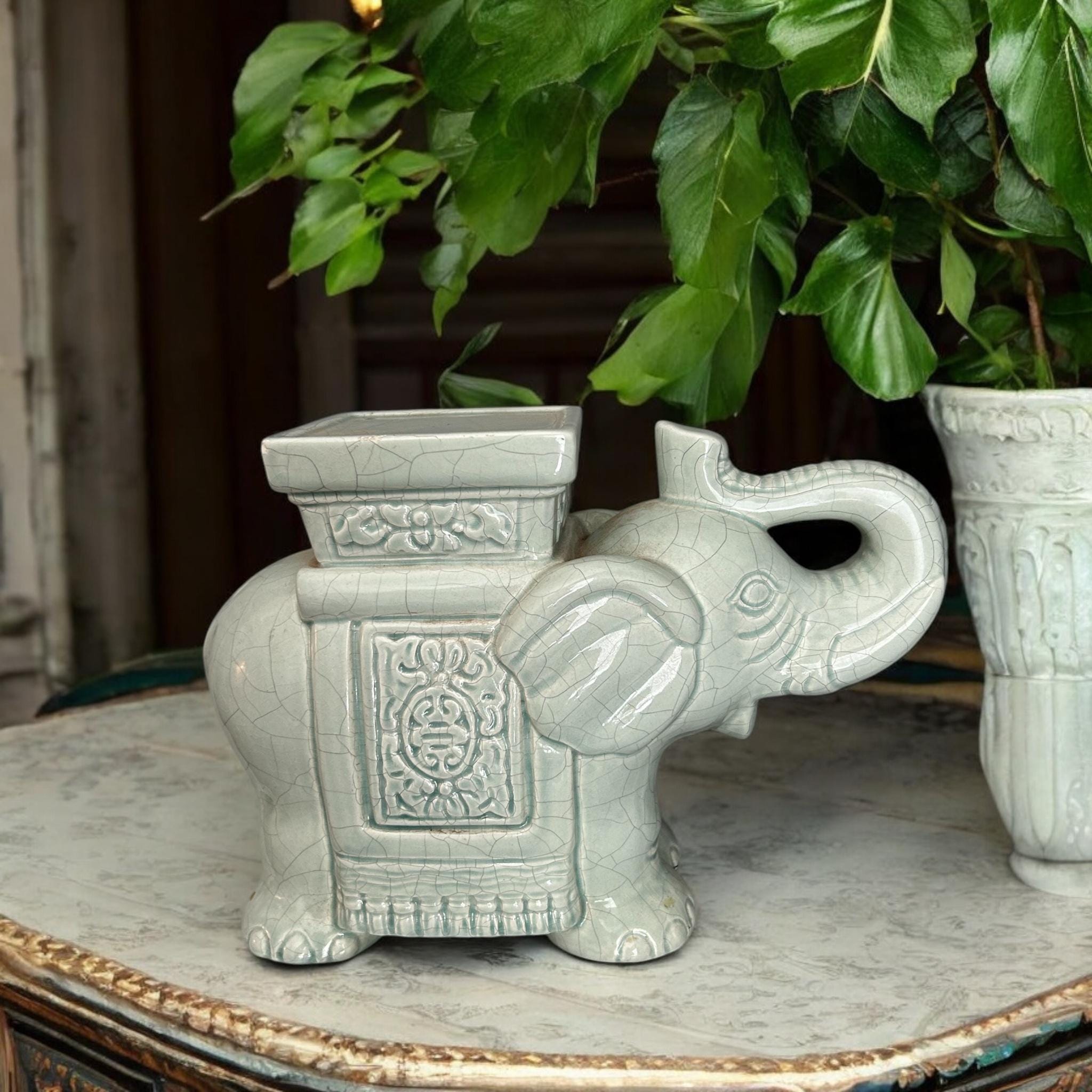 Unique Vintage Green Elephant Plant Stand With Crackle Glaze