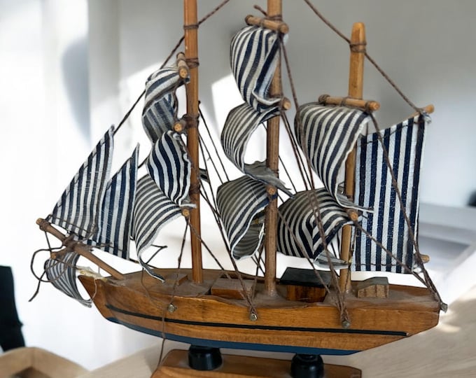 Vintage Wooden Model Ship With Sails and Rigging, Handmade Wooden ...