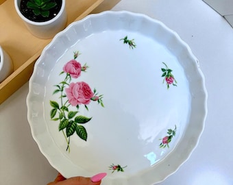 Plato para tarta de porcelana Oneida blanco con diseño de rosas, molde para tarta acanalado de porcelana, molde para quiche, plato para tarta vintage, estilo rústico, utensilios para hornear