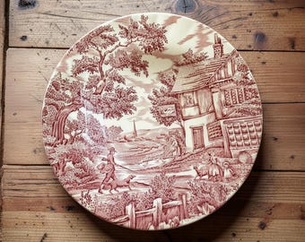 Conjunto de 4 tigelas de sopa Myott "The Hunter" em cerâmica transferware, 22 cm, Inglaterra, cena campestre em tons de rosa e vermelho, estilo vintage de Staffordshire, louça cottagecore.