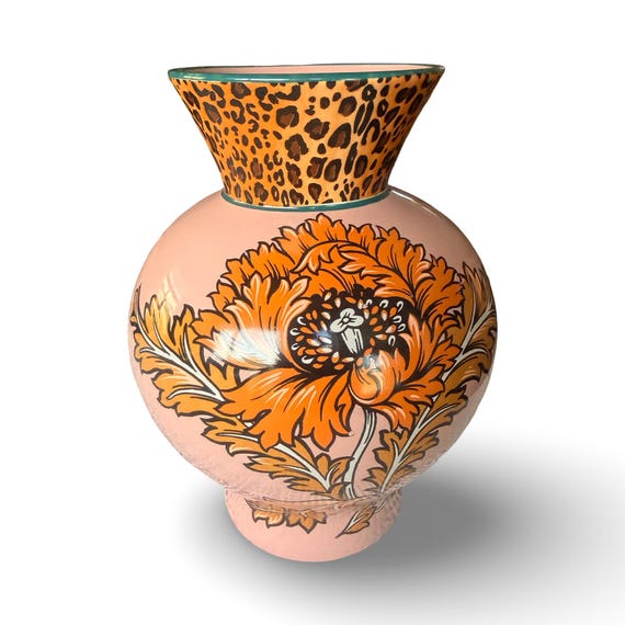 Anthropologie Jylin Vase, Hand-painted Floral Stoneware, Leopard