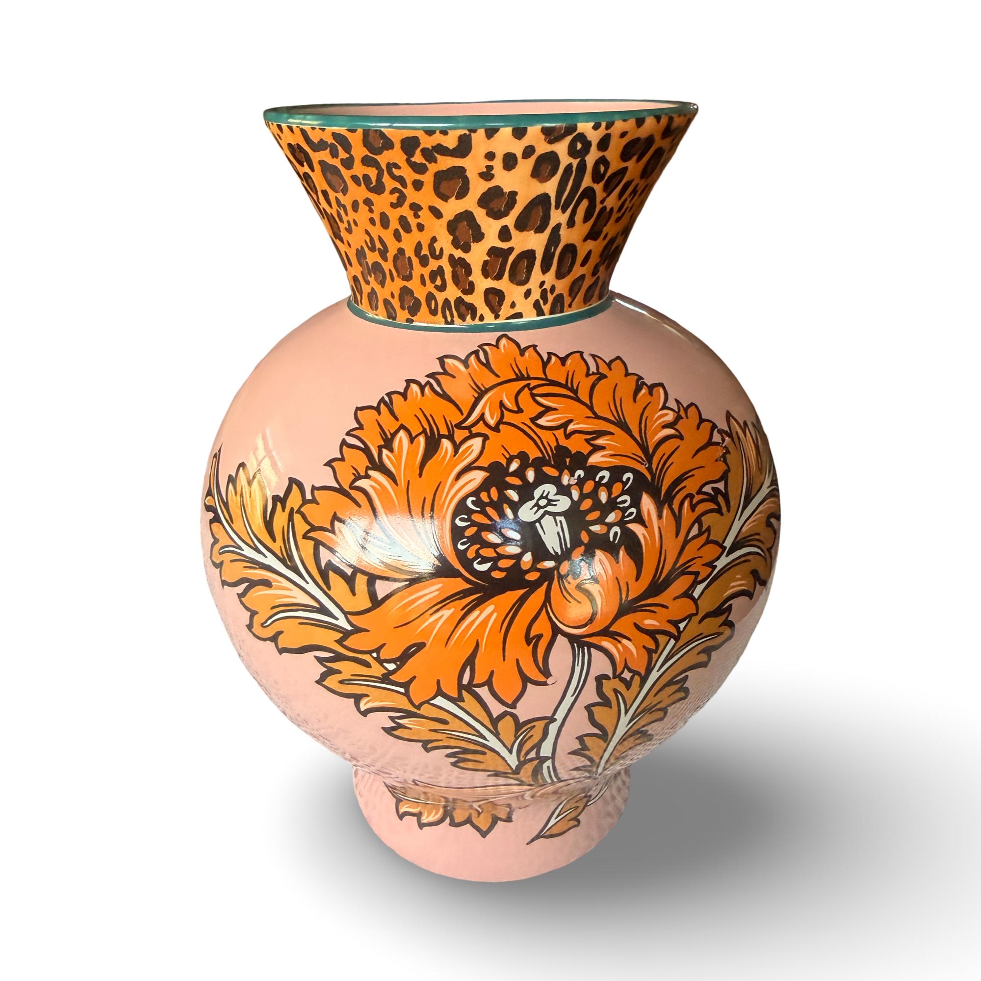 Anthropologie Jylin Vase, Hand-painted Floral Stoneware, Leopard
