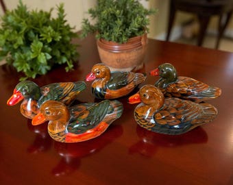 Vintage Hand Painted Ceramic Mallard Duck Figurines Set of Five Glossy Finish Rustic Cabin Cottage Decor Collectible Bird Paperweights