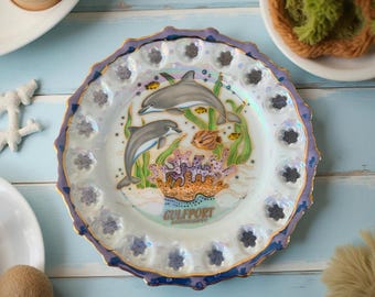 Vintage Gulfport Mississippi Dolphin Souvenir Plate – 7” Iridescent Reticulated Edge Collectible Coastal Decor