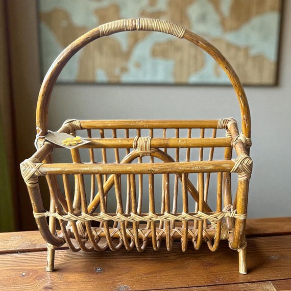 MCM Vintage Bamboo and Rattan Magazine Rack, Vintage Mid-century