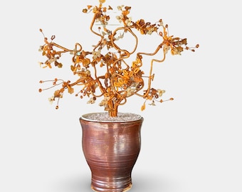 Vintage Asian hand beaded bonsai tree copper wire glass flowers, lilies, gem trees, beaded bonsai trees, tree of life sculptures 11” tall
