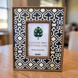 Mediterranean Boho 4x6 Picture Frame Wood, Moroccan Tile Pattern White Navy, Beach House Wall Decor