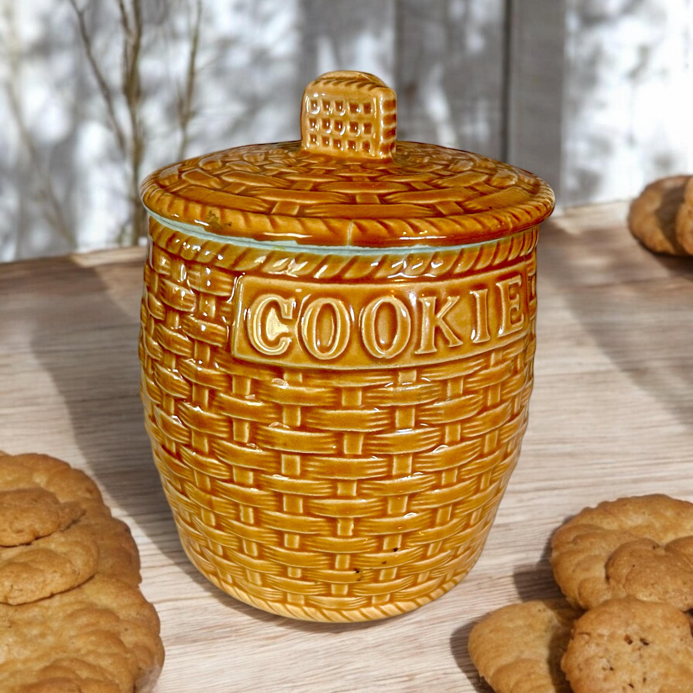 Small Cookie Jar Canister 'cookies' Basket Weave Cookie Handle