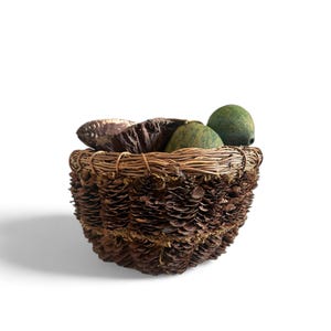 May include: A decorative basket made of woven twigs and pinecones. The basket is filled with dried botanicals and two green, round objects. The basket is brown and has a natural, rustic appearance.
