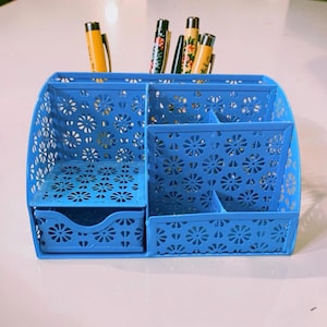 Blue Daisy Desk Organizer, 6-Compartment Caddy, Mixed Pattern Storage Holder, 60s Decor
