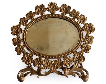 Antique Floral Oval Cast Iron Mirror | Romantic Victorian Cottagecore Decor, Ornate Romantic Vanity mirror, Mirror Floral Border, dogwood