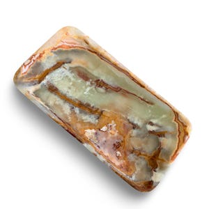 May include: A rectangular tray carved from polished stone featuring a smooth surface with natural banding in shades of pale green, cream, and deep rust-brown. The stone displays organic, swirling patterns and translucent areas throughout the piece.