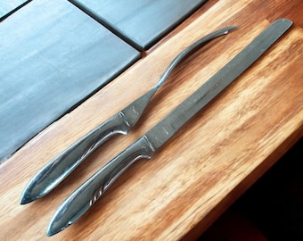 Vintage Carving Set Meat Steak Roast Beef, Riviera custom concave samurai Gourmet Hand Forged Knives Carving Set, contemporary utensils