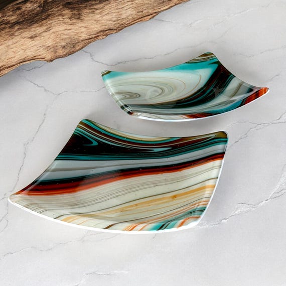 Türkis-Orange-Ring-Teller, Geschmolzenes Glas-Teller, Dekorative Kunst-Glas-Tablett, Regenbogen Kunst Glas quadratischen Vorspeisenteller