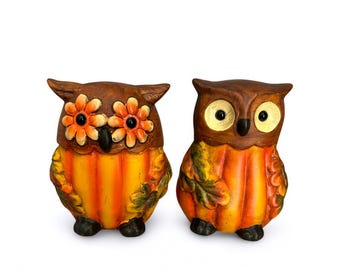 Set of (2) Vintage Ceramic Pumpkin Owl Figurine,  folk art hand crafted owl statue, hand painted  owl pottery, cute bird , big eyes owl