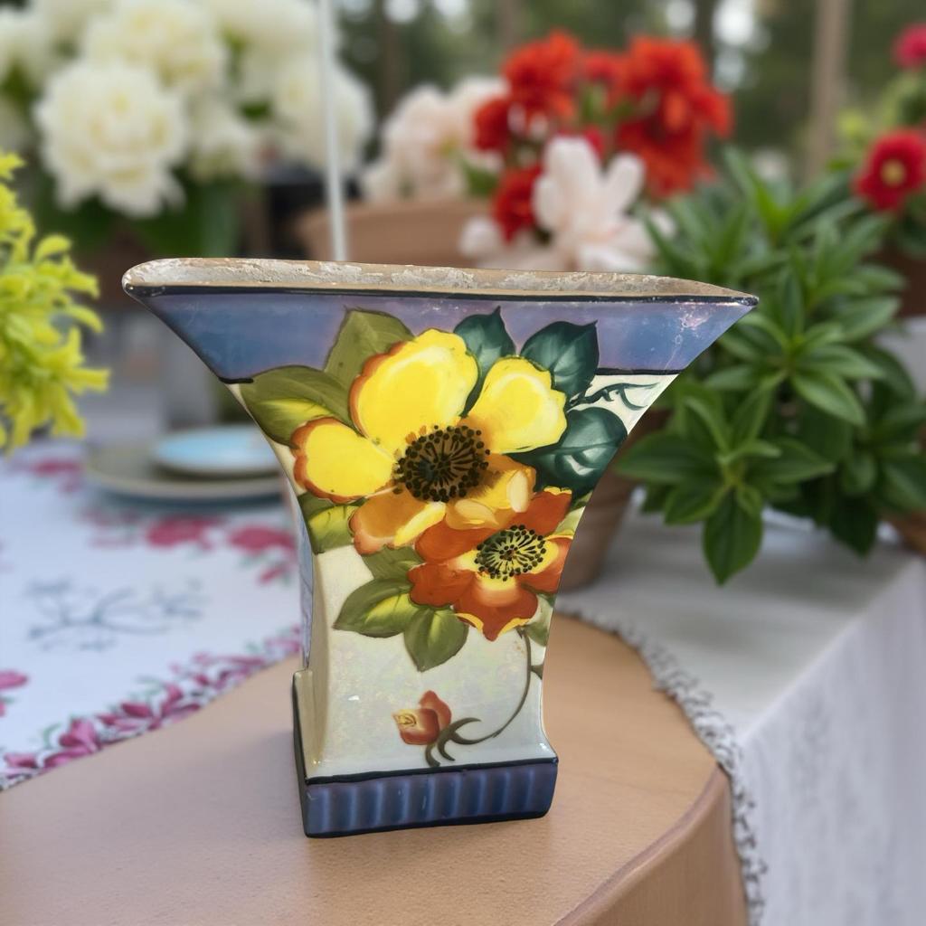 Vintage Sakuraware Hand Painted Floral Vase Japan – 8” Art Deco