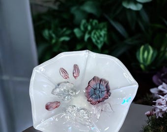 ヴィンテージフロストガラスの花柄キャンディ皿、絶妙なミカサ