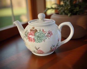 Vintage 1950s Arthur Wood Teapot – Pink & Teal Floral Bouquet, Cottagecore Decor