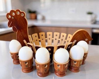 Vintage 70s Gaidys Rooster Egg Cup Set, 5 Wooden Egg Cups in Chicken Tray, Lithuanian Folk Art Farmhouse Decor, Nesting Hen,