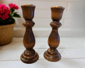 Vintage Turned Wood Candlesticks with Brass Inserts – English Chestnut Finish, Classic Taper Holders 7 inches , brass wood candle sticks