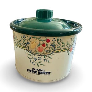 Vintage Rival Little Dipper 3204 | 16oz Mini Crock Pot Dip Warmer Simmer Pot | Fruit Pattern Forest Green Lid | Mint Condition Tested
