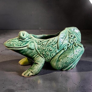 Peut inclure: Un pot de fleur en céramique verte en forme de grenouille, avec une peau texturée détaillée et une large ouverture. La grenouille est assise, les pattes avant tendues. Un objet décoratif pour les plantes.