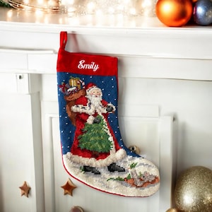 Vintage handgemachte fertige Wolle Nadelspitze Weihnachtsstrumpf personalisierte Emily, Rebecca Weihnachtsstrumpf fertig,